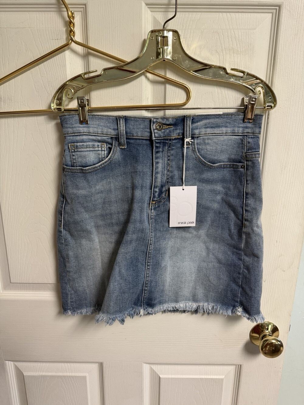 NWT Sneak peek Peak Jean Skirt Mini Women's Blue High Rise Denim Large 30x 17
